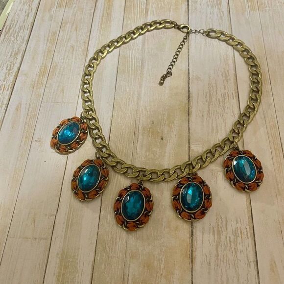 Vintage Chunky Chain Blue Crystal Statement Necklace - Picture 6 of 10